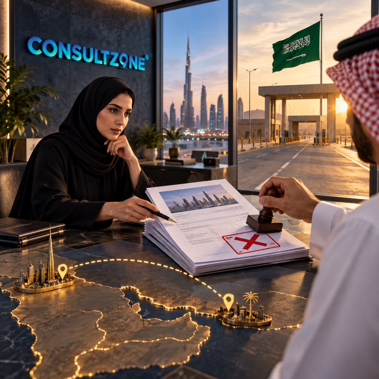 Woman in an abaya watches a hand stamp a report marked with a red cross, lit Gulf map below