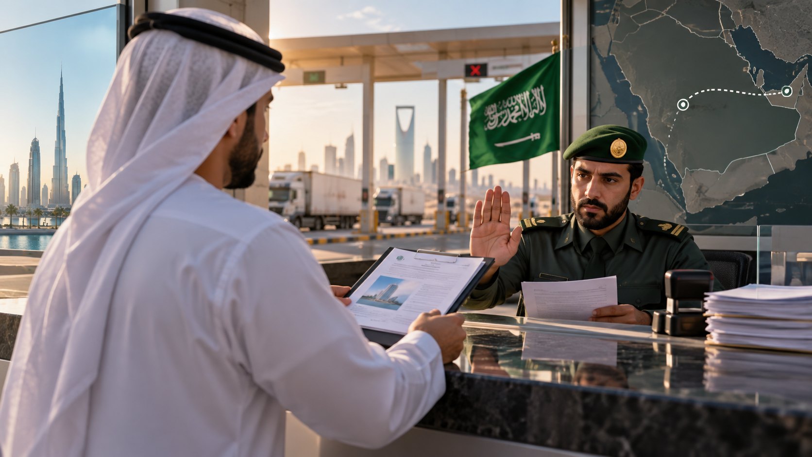 Uniformed border officer raises a hand to refuse a document held out by a man in a kandura