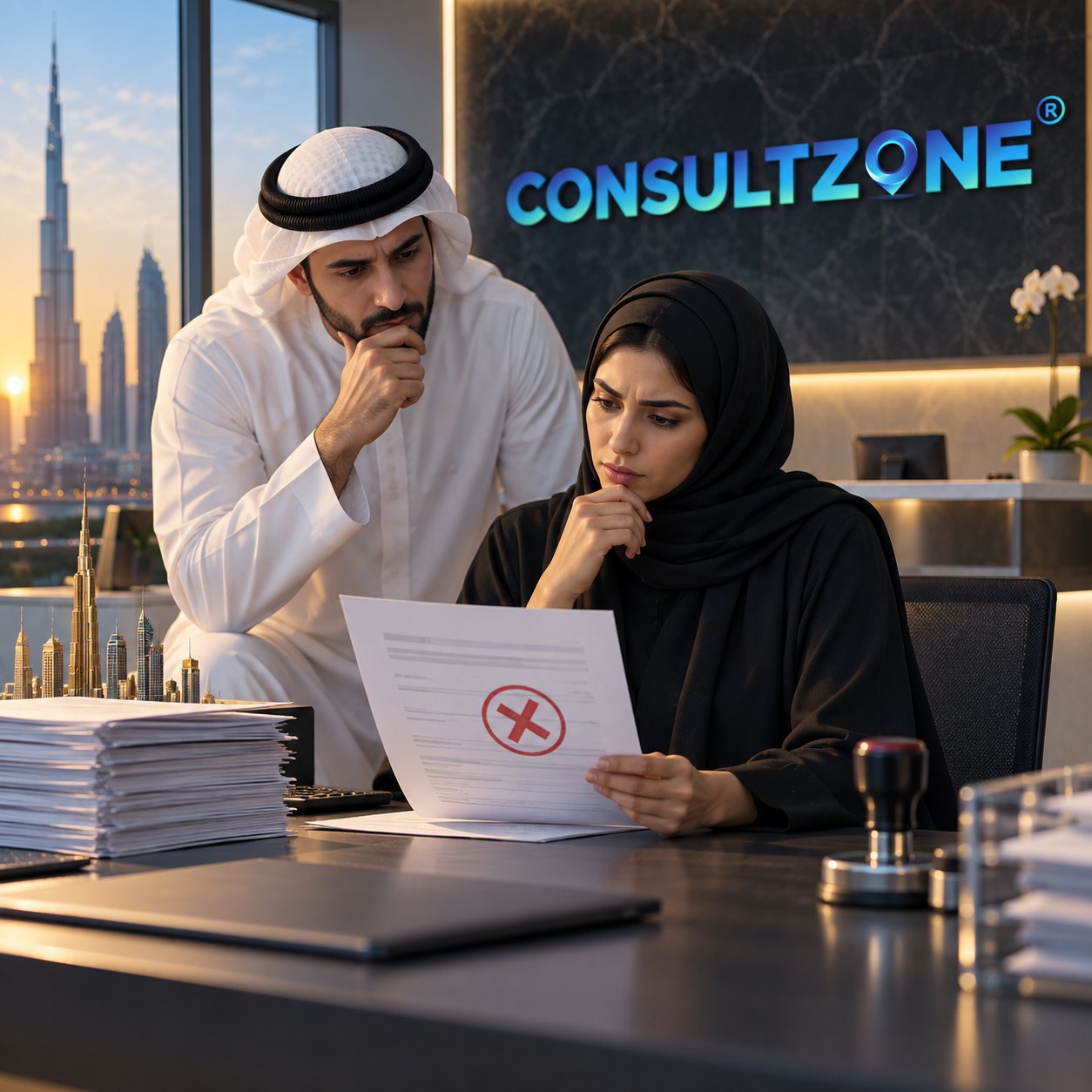 Man in a kandura and woman in an abaya read a sheet stamped with a red cross