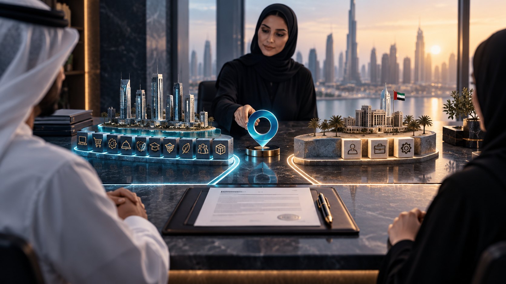 Woman in an abaya sets a glowing marker between lit icon tiles and a model on a stone disc
