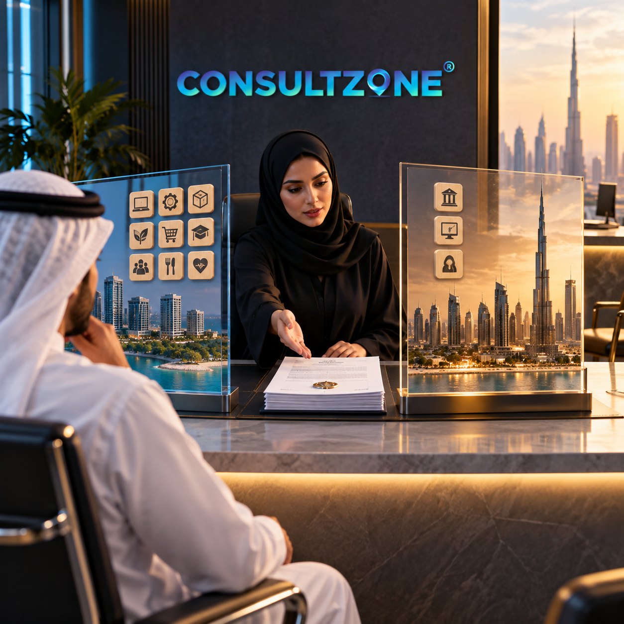 Woman in a hijab turns a bound document toward a seated man between two lit glass panels of icons