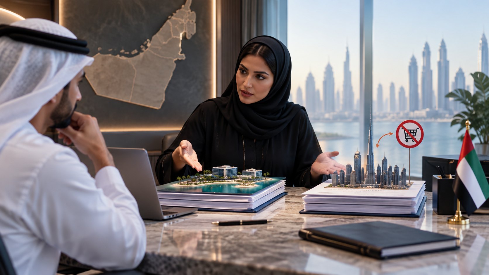 Woman in an abaya gestures at a green scale model of an industrial park across a desk