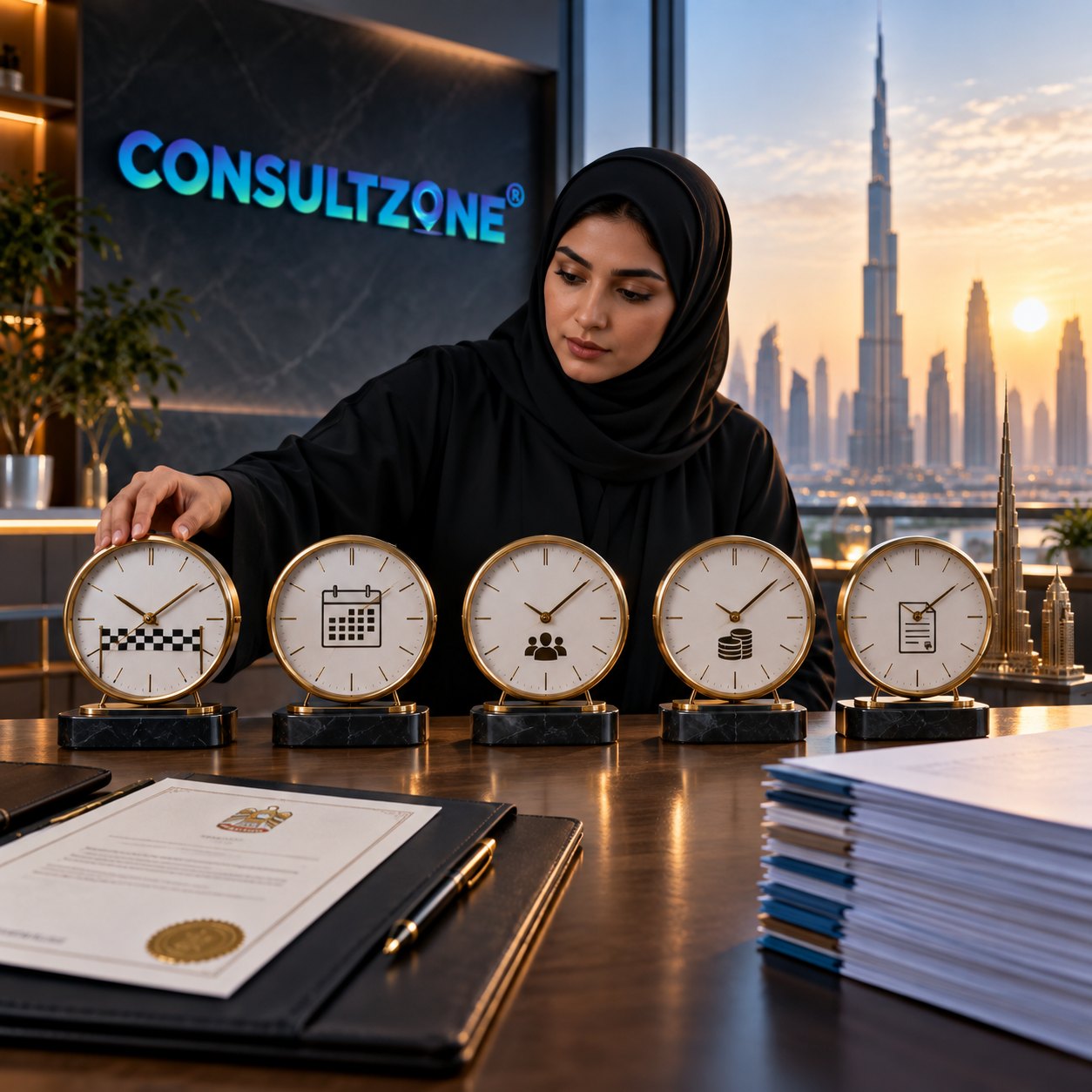 Woman in a hijab adjusts five gold-framed clocks marked with different icons beside a sealed certificate