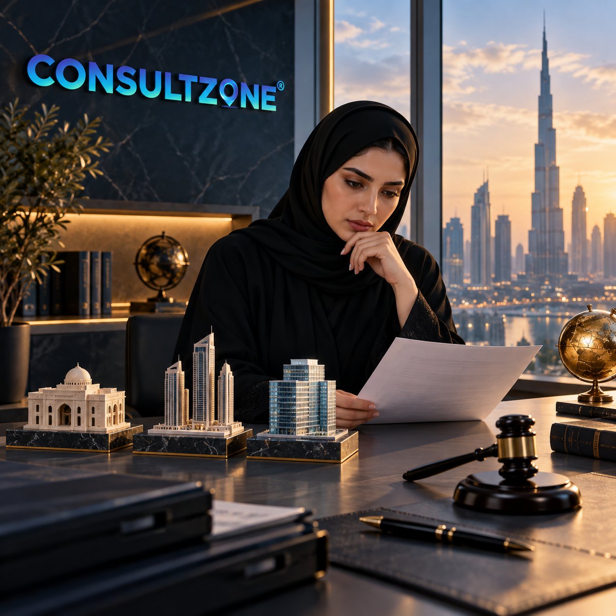Woman in a hijab reads a sheet at a desk lined with three building models and a gavel