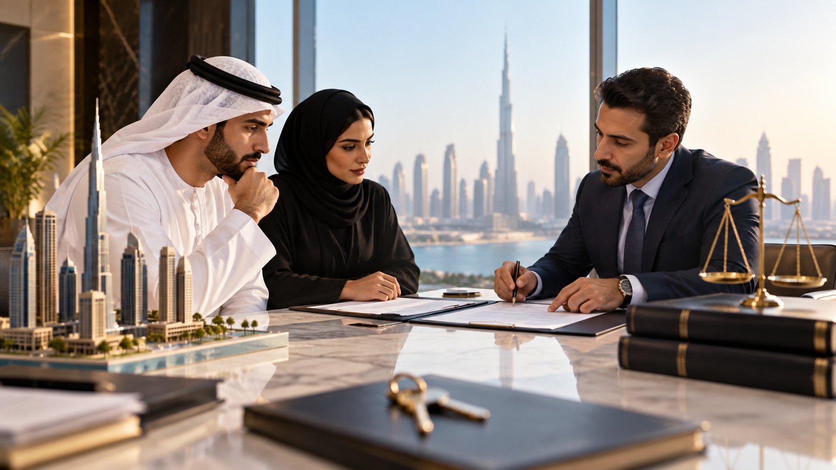 Man in a suit signs a document across from a man in a kandura and a woman in a hijab