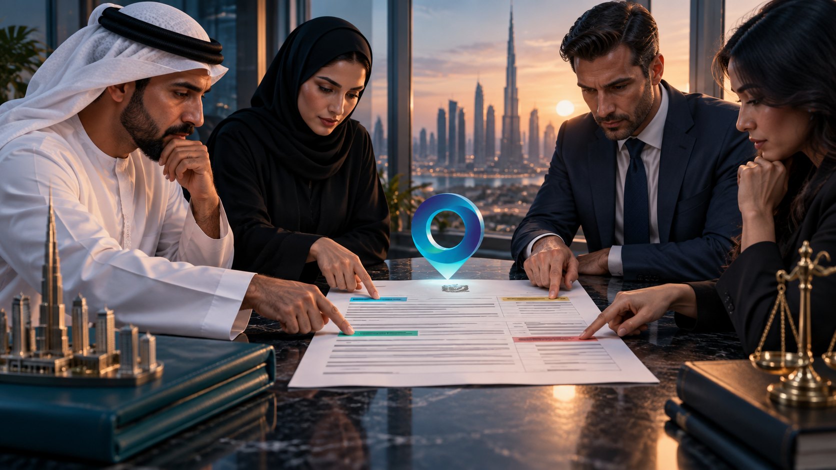Four people each reach toward a different coloured band of one large document on the table