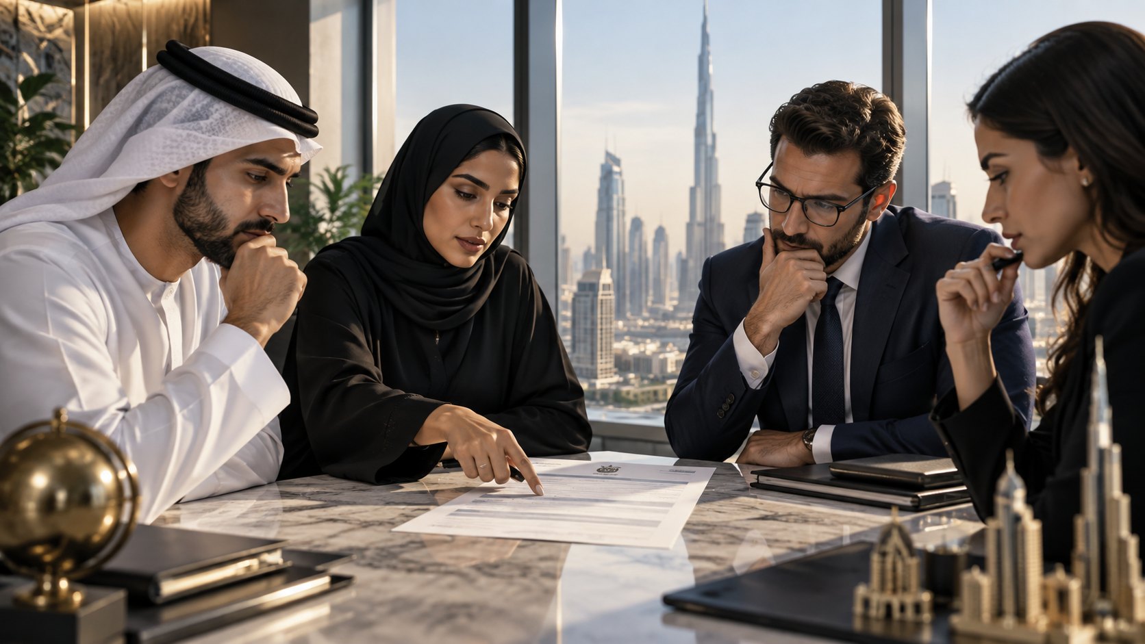Four colleagues around a table study loose sheets, two in Gulf dress and two in suits