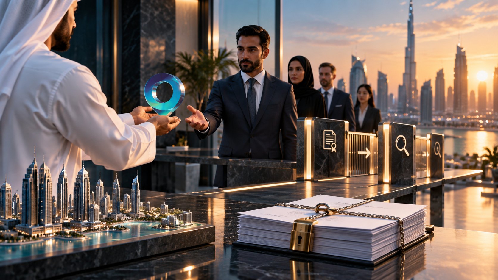 Man in a kandura holds a glowing disc toward a suited man behind lit gates, padlocked papers between them