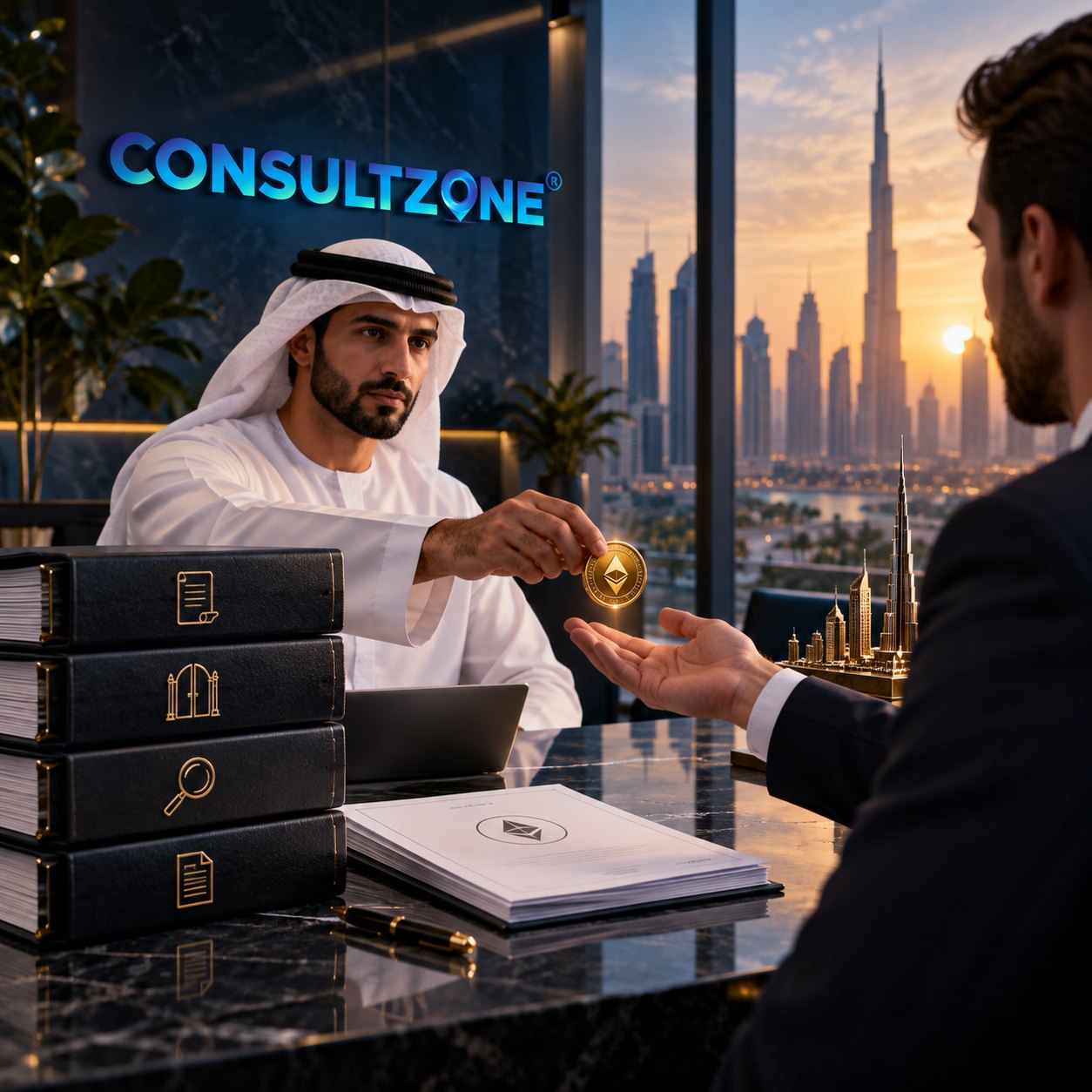 Man in a kandura passes a gold coin across a marble desk to a man in a suit