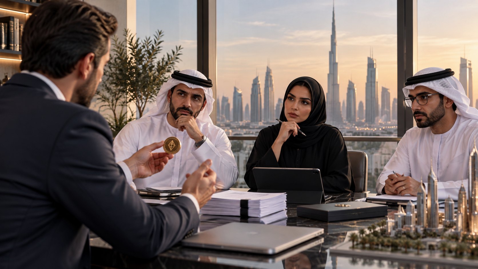 Man in a kandura holds up a gold coin to colleagues around a boardroom table