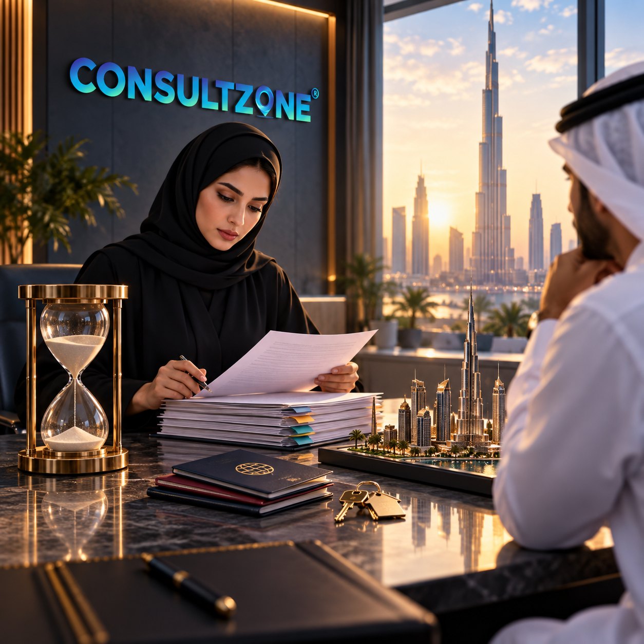 Woman in a hijab reads tabbed papers beside a large brass hourglass, passports and keys alongside