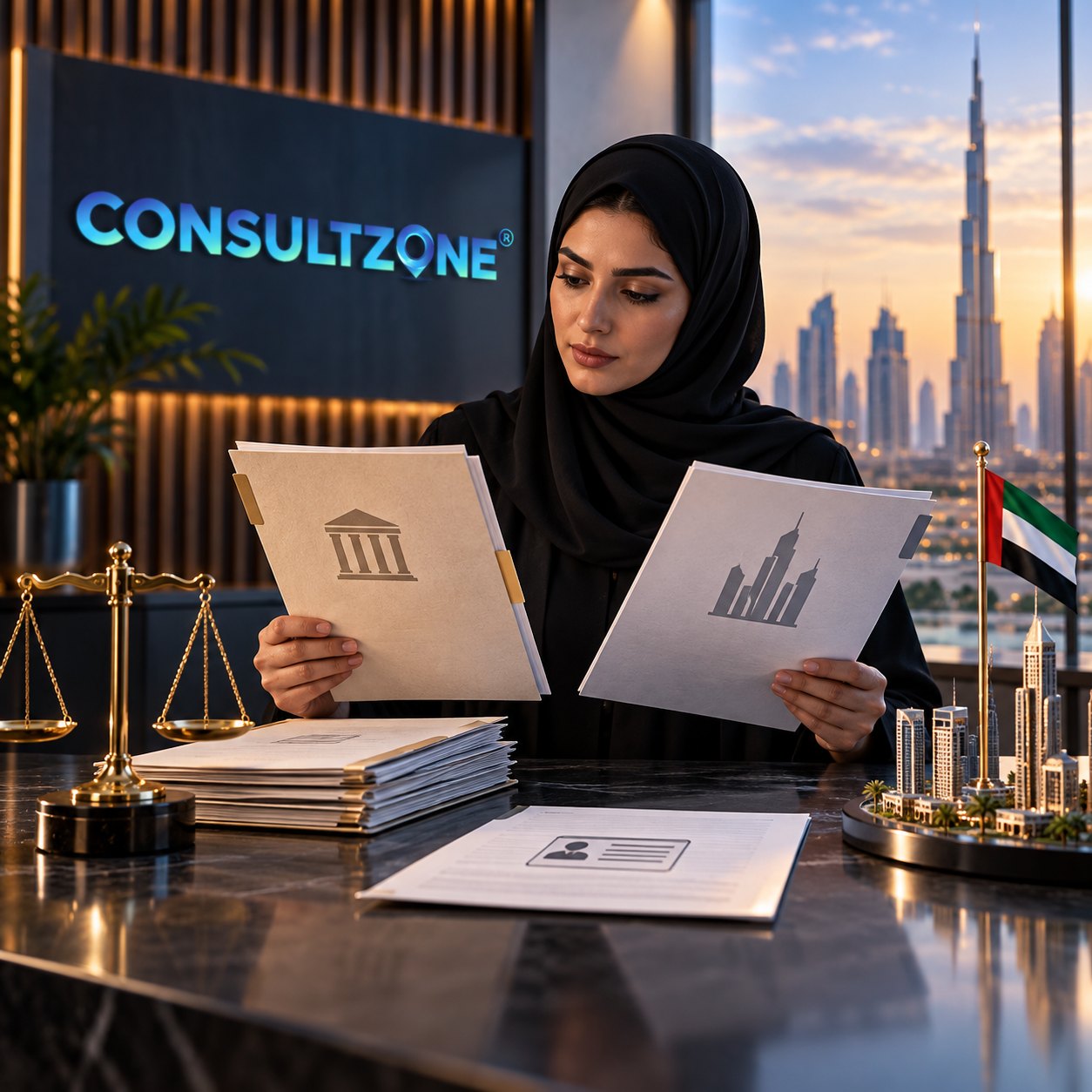 Woman in an abaya holds up two sheets, one showing a bank facade and one a tower cluster