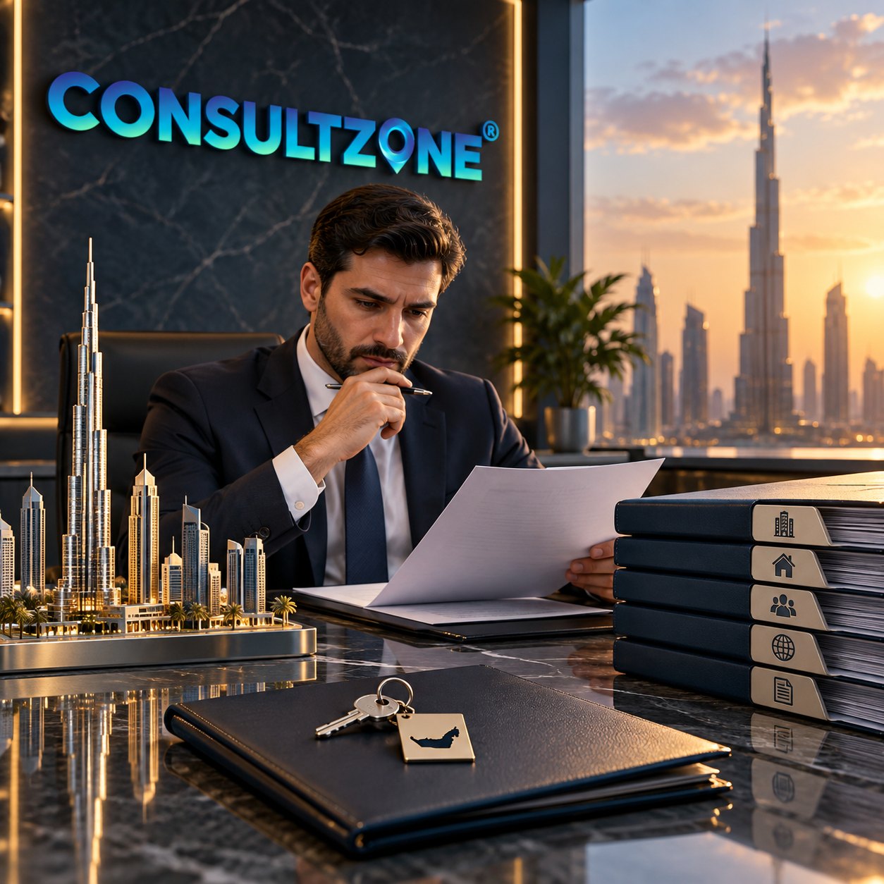 Man in a suit reads a sheet beside a gold city model and four ledgers with gold icons
