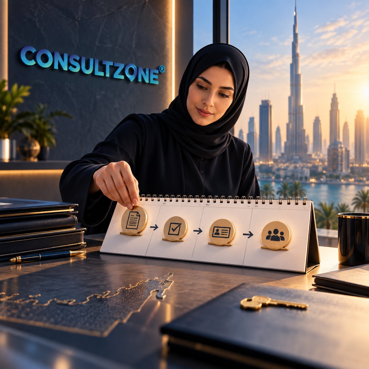 Woman in a hijab places a wooden disc on a desk flip-chart of four numbered steps