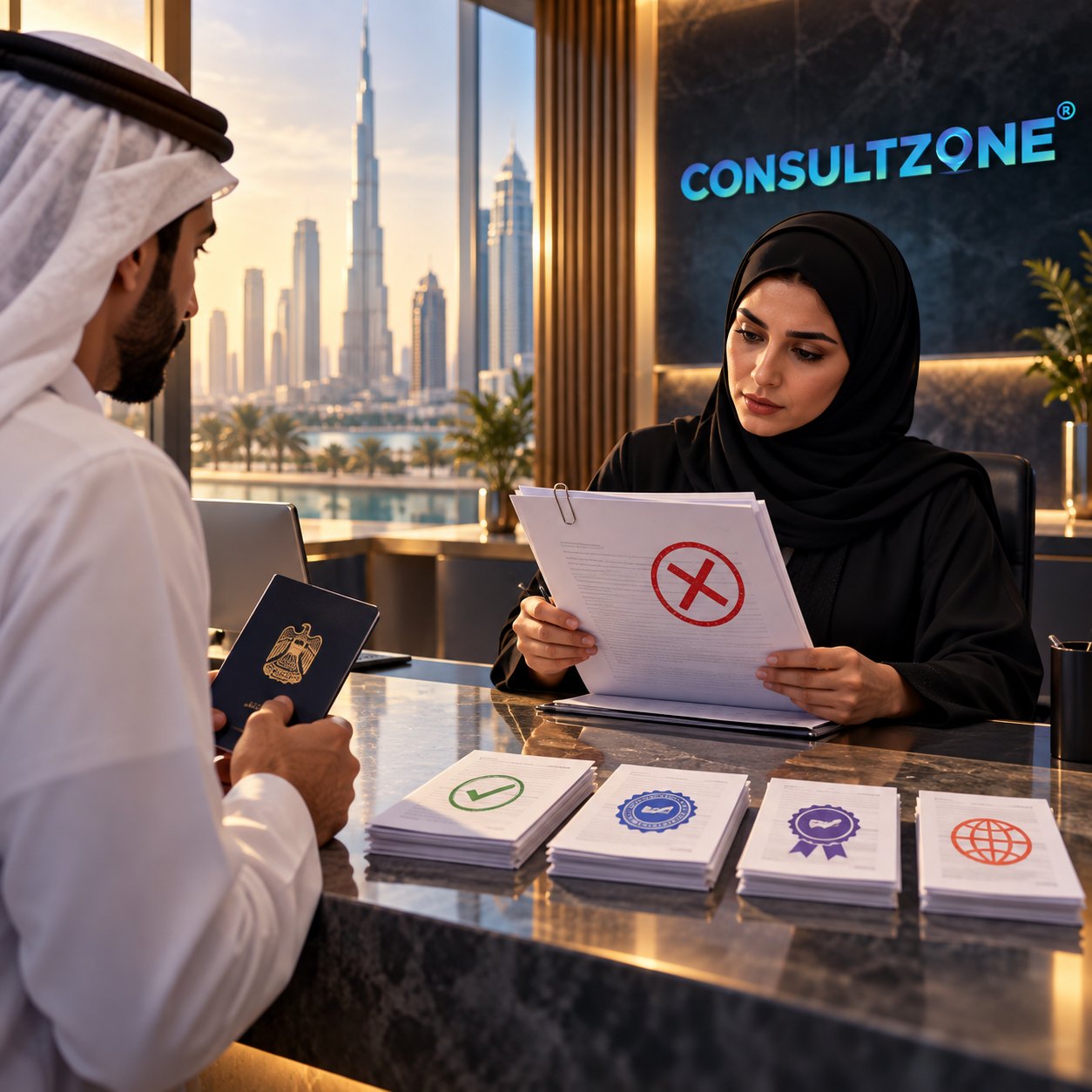 Woman at a counter shows a document struck through with a red cross to a man holding a UAE passport