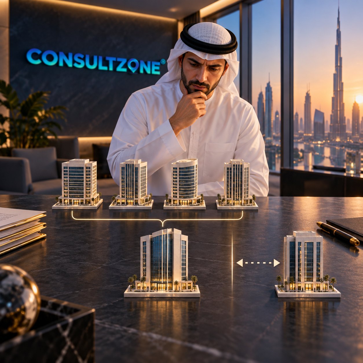 Man in kandura studies scale tower models laid out as a branching chart on a marble table