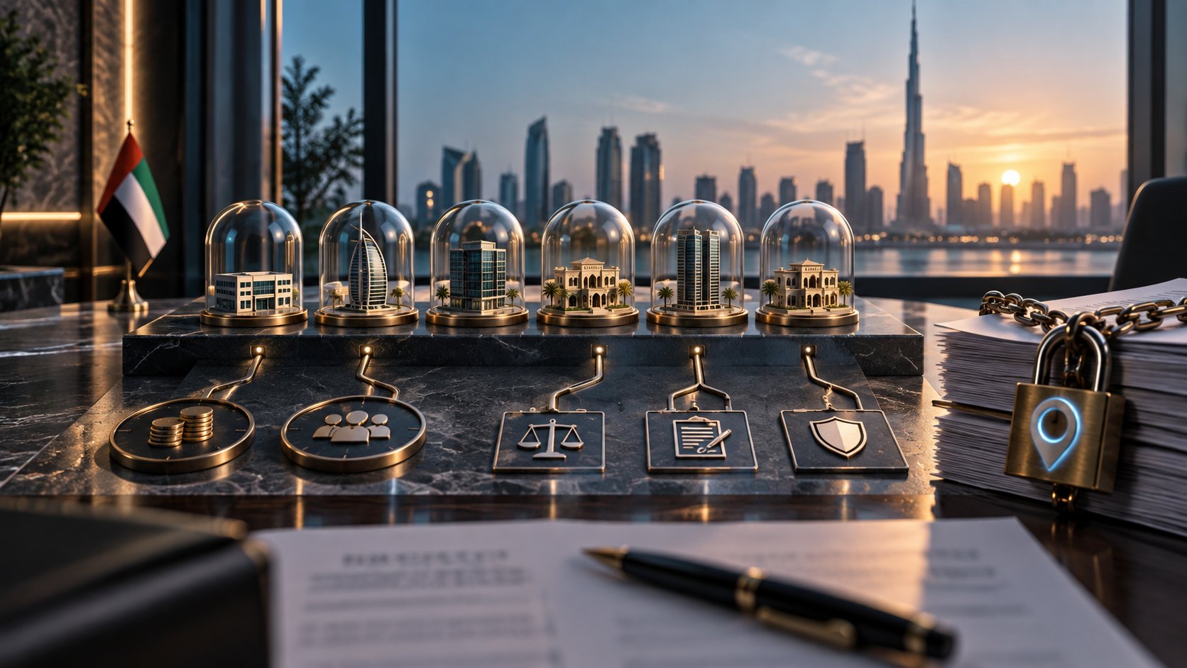 Six building models under glass domes on a marble desk above engraved icon plaques, padlock alongside