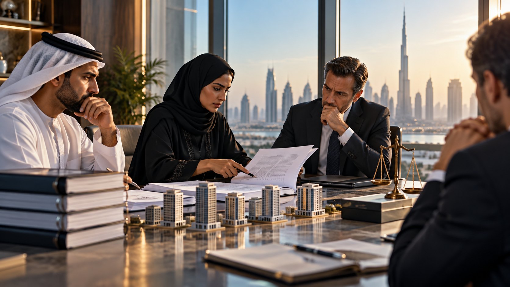 Woman in hijab holds a printed document at a boardroom table of tower models and brass scales