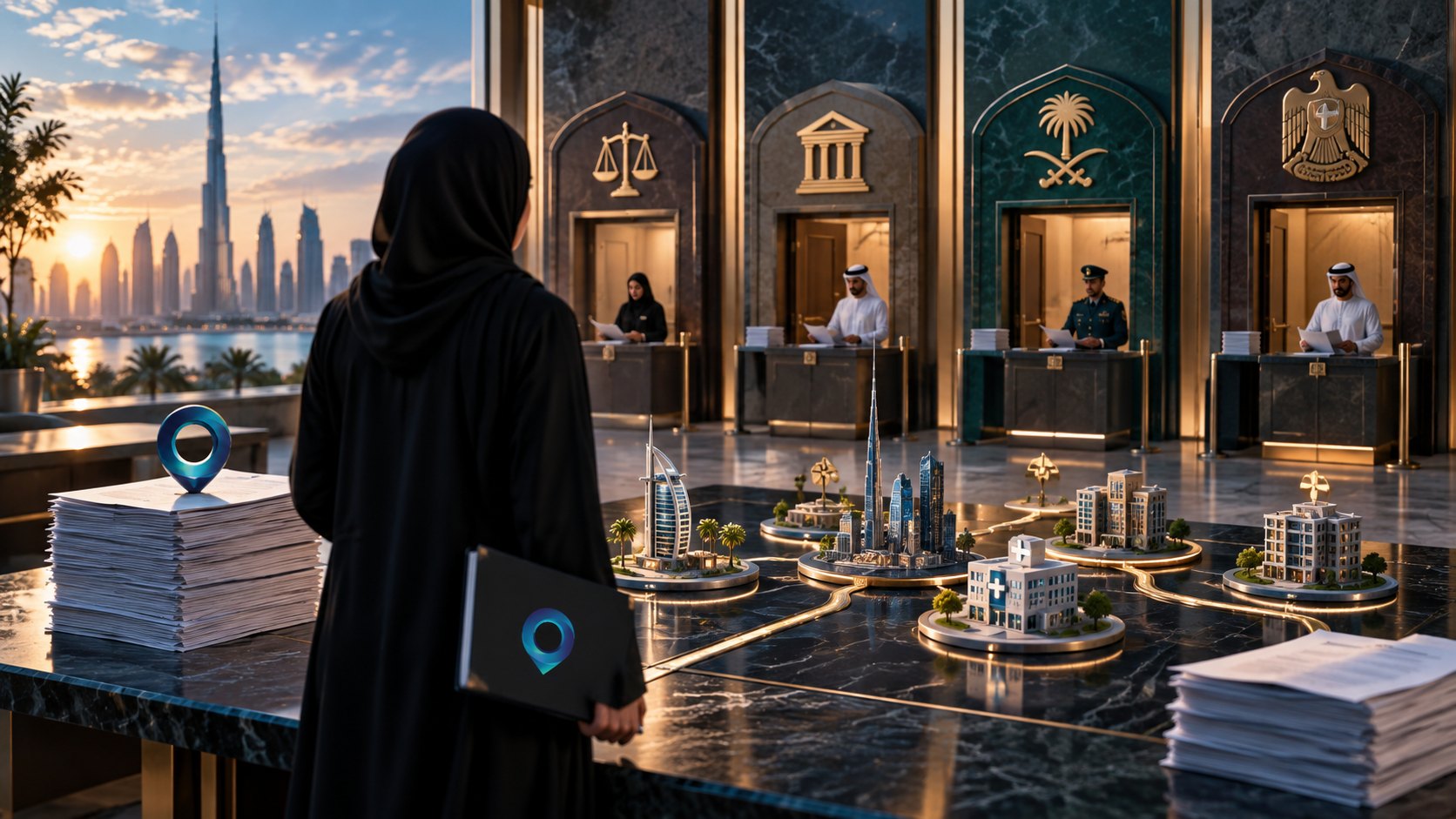 Woman in abaya holding a folder faces four arched counters, each under a different official emblem