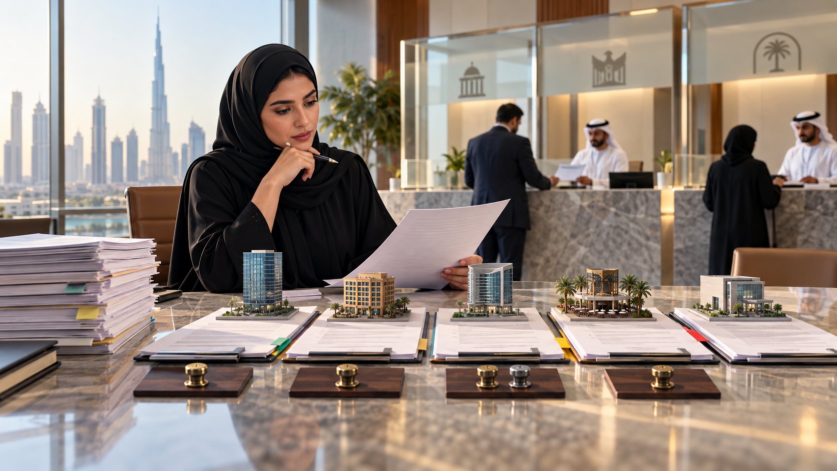Woman in hijab reads a page at a counter lined with clipboards, brass stamps and small building models