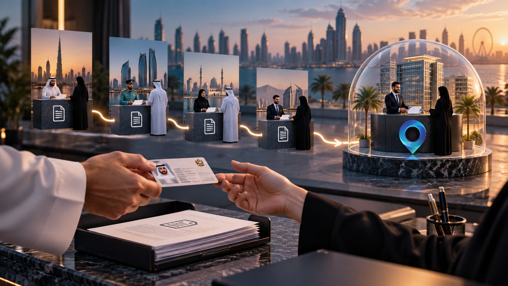 Two hands pass a licence card across a marble counter, lit document podiums and a domed model behind