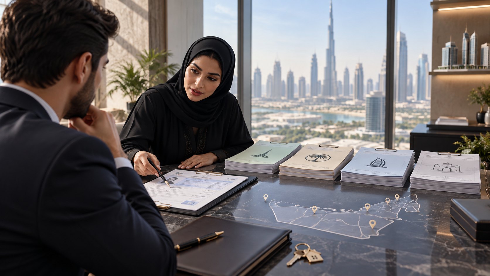 Woman in hijab points a pen at a clipboard while a suited client listens across the desk