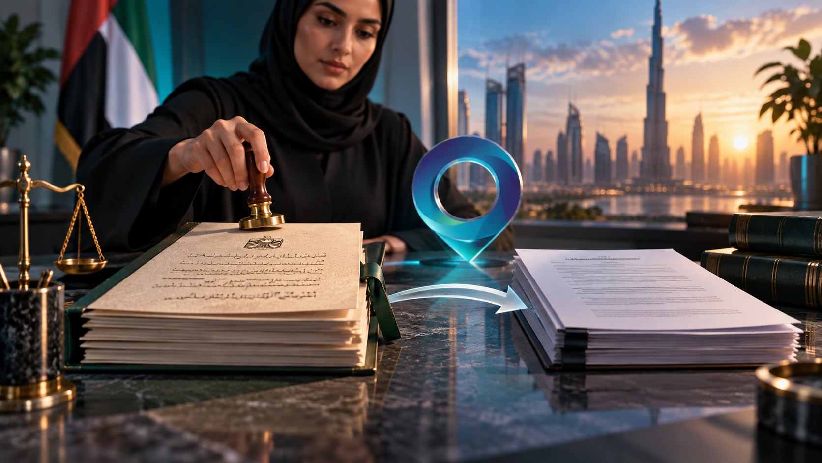 Woman in hijab presses a brass stamp onto an Arabic document, an arrow curving to the English stack