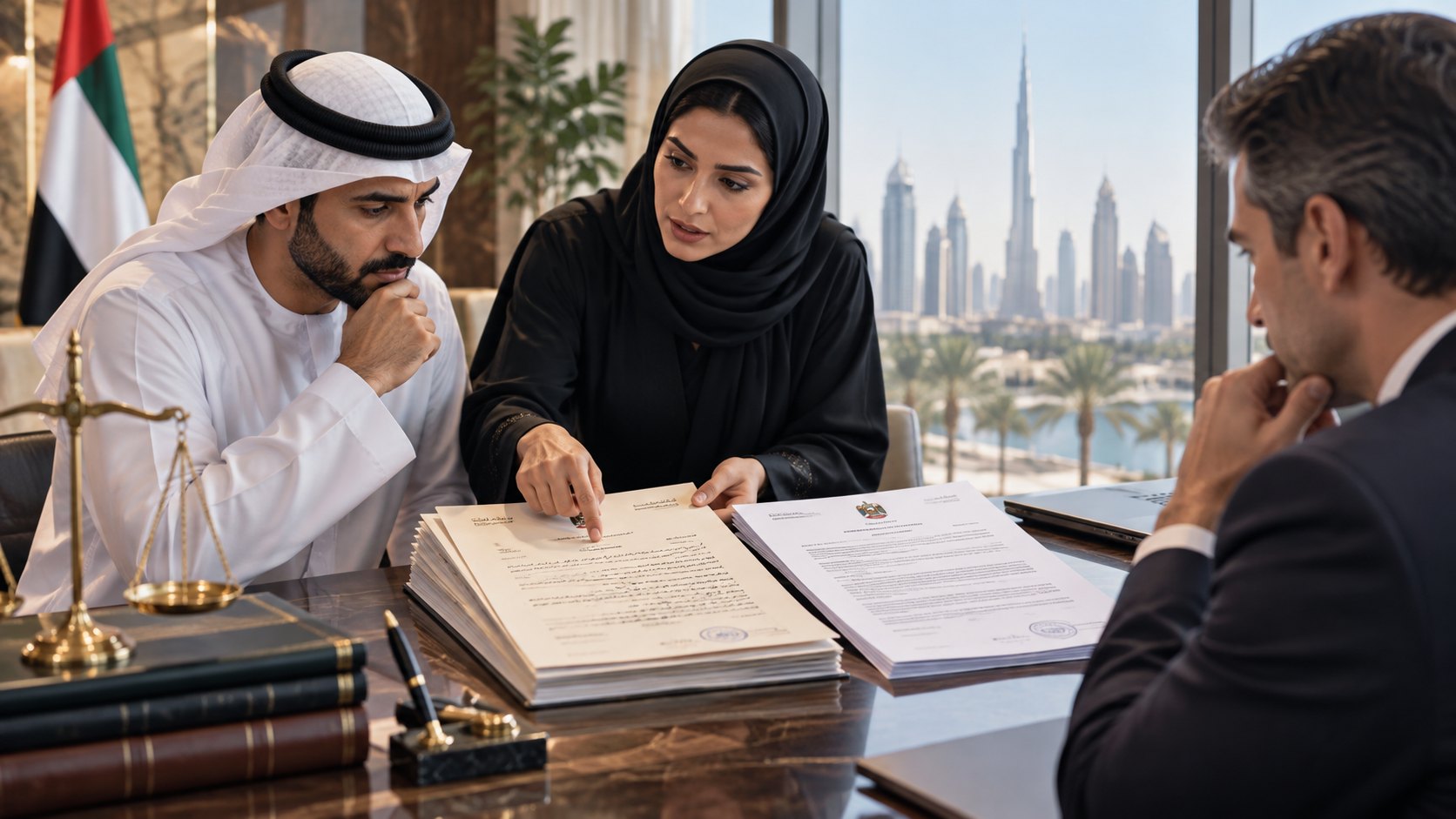 Woman in hijab points into an open contract folder as two men lean in across the desk