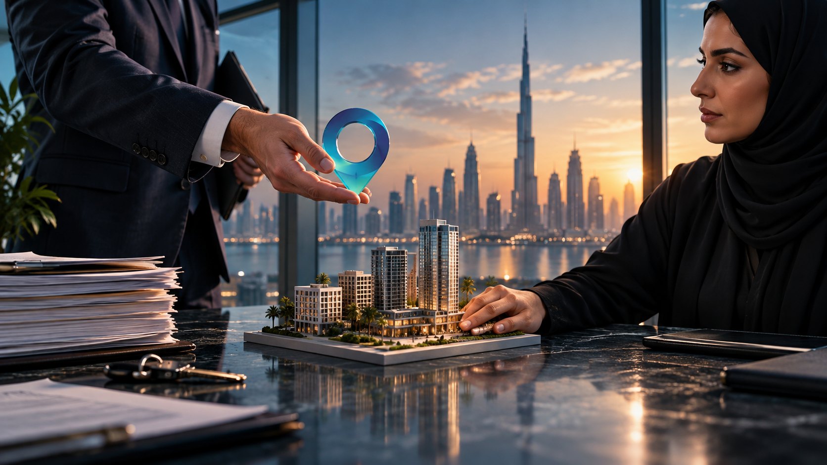 Suited man holds an open palm above a lit tower model as a woman in hijab reaches toward it