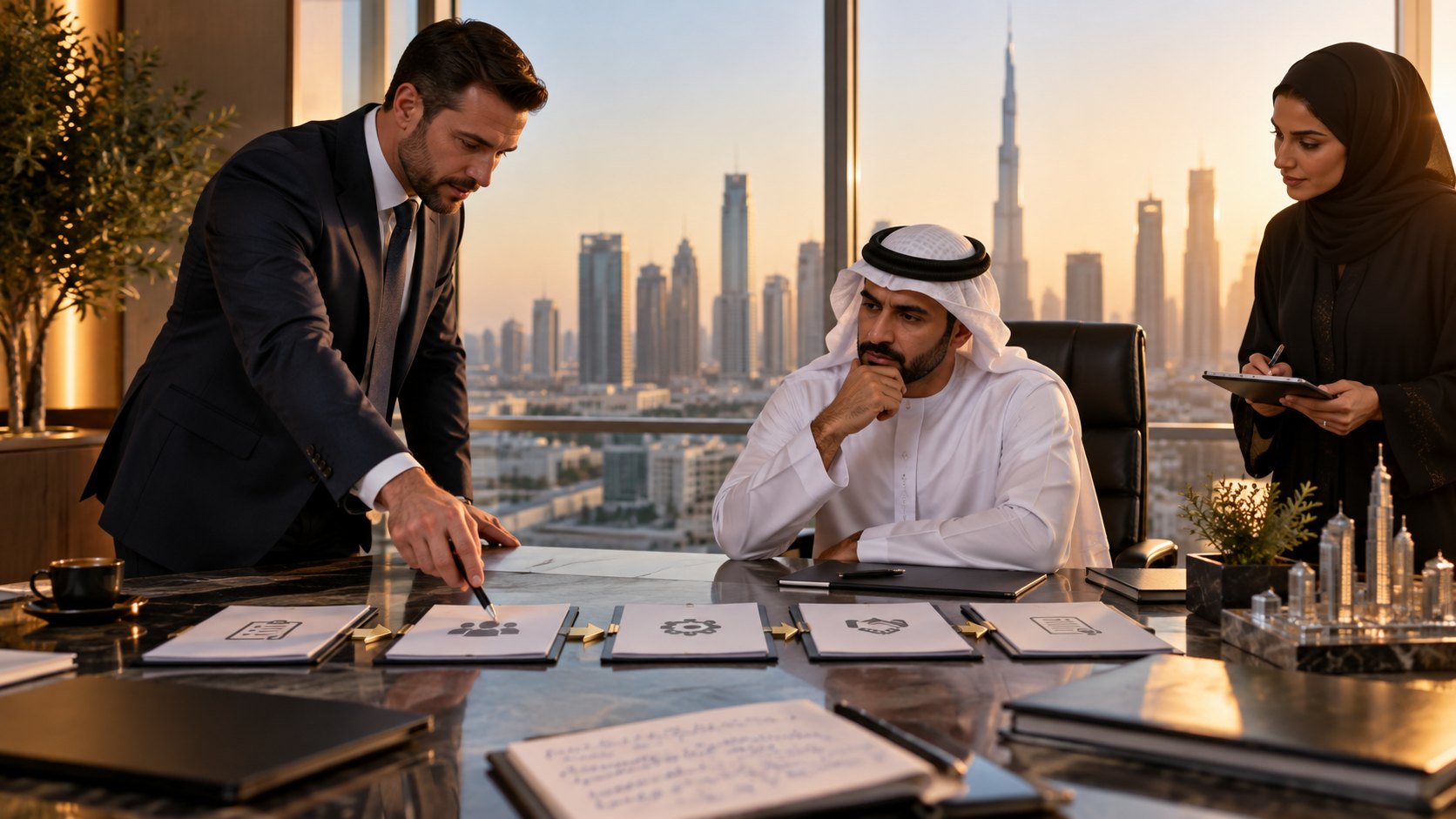 Suited man leans across a boardroom table pointing at icon cards while a client in kandura considers