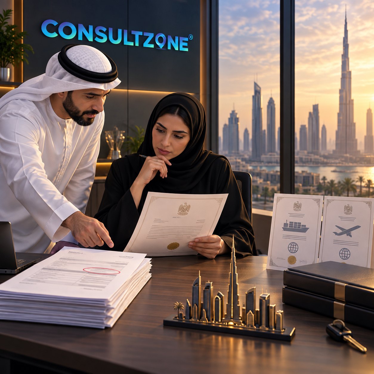 Seated woman in hijab holds a sealed certificate while a man in kandura points at the paperwork