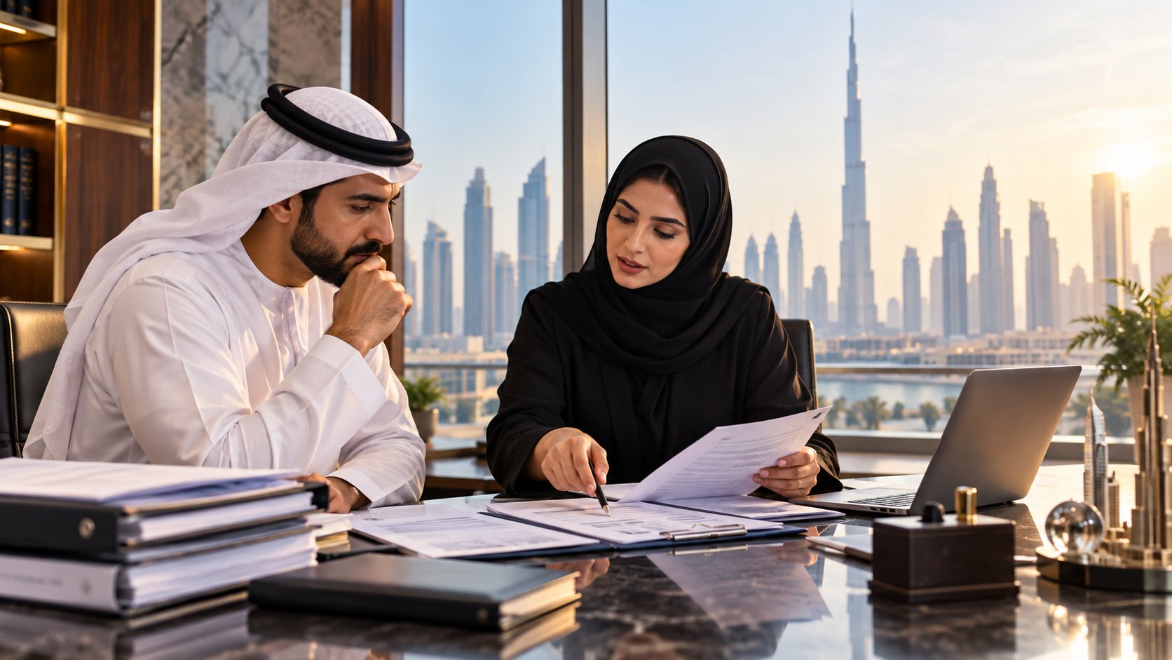 Woman in hijab holds a page over open files while a man in kandura listens at the desk