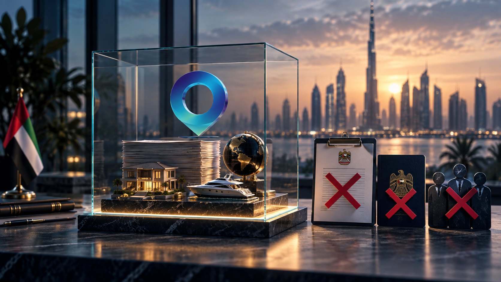 Glass case holding a gold globe and document stack, three crossed-out cards standing alongside on marble