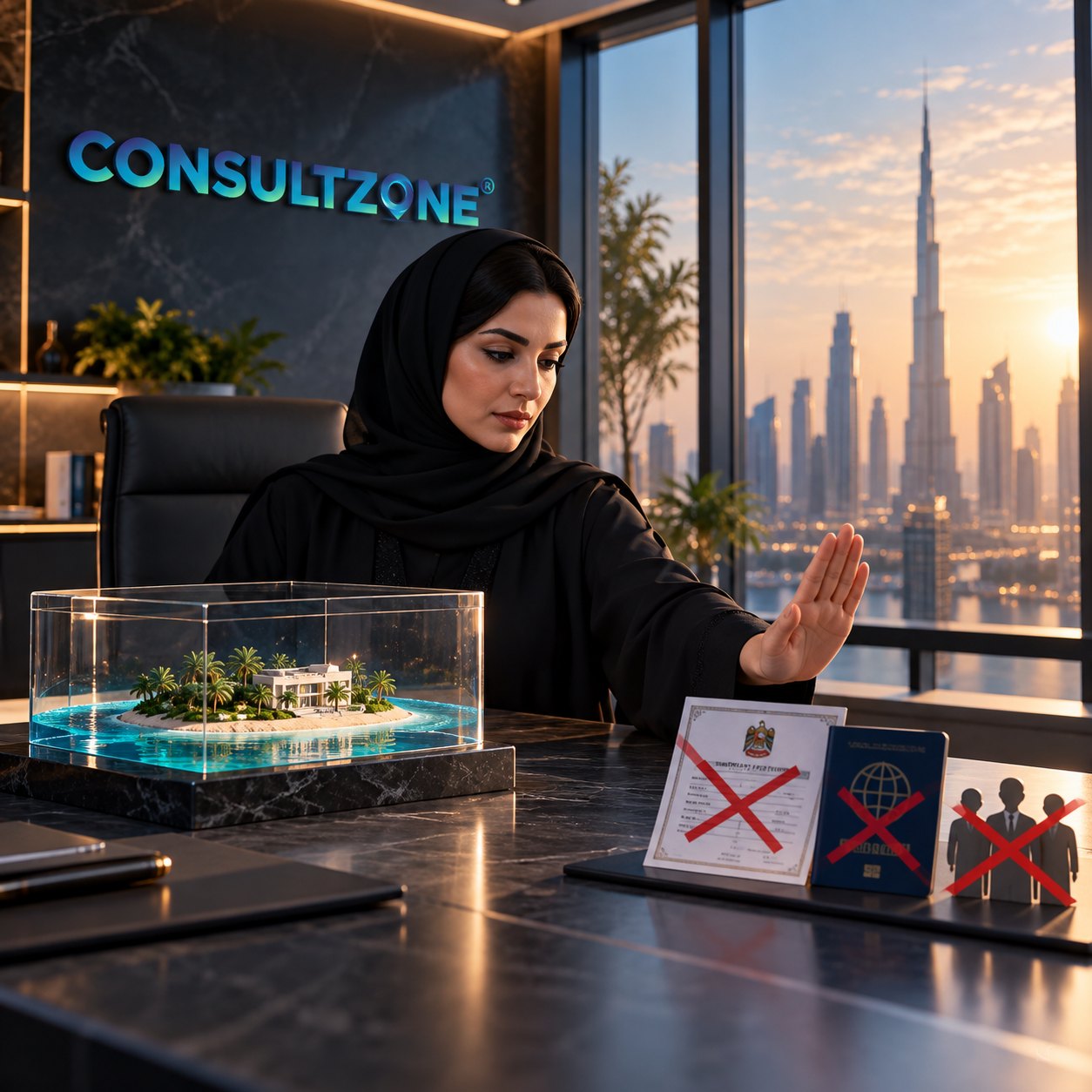 Woman in hijab raises a palm toward three cards struck through with crosses beside a cased island model