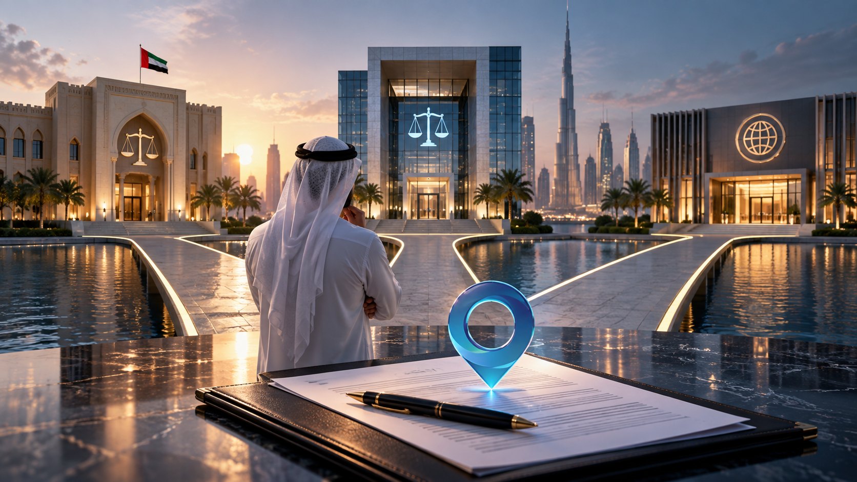 Man in kandura stands over an open contract as three bridges lead to three courthouses across water