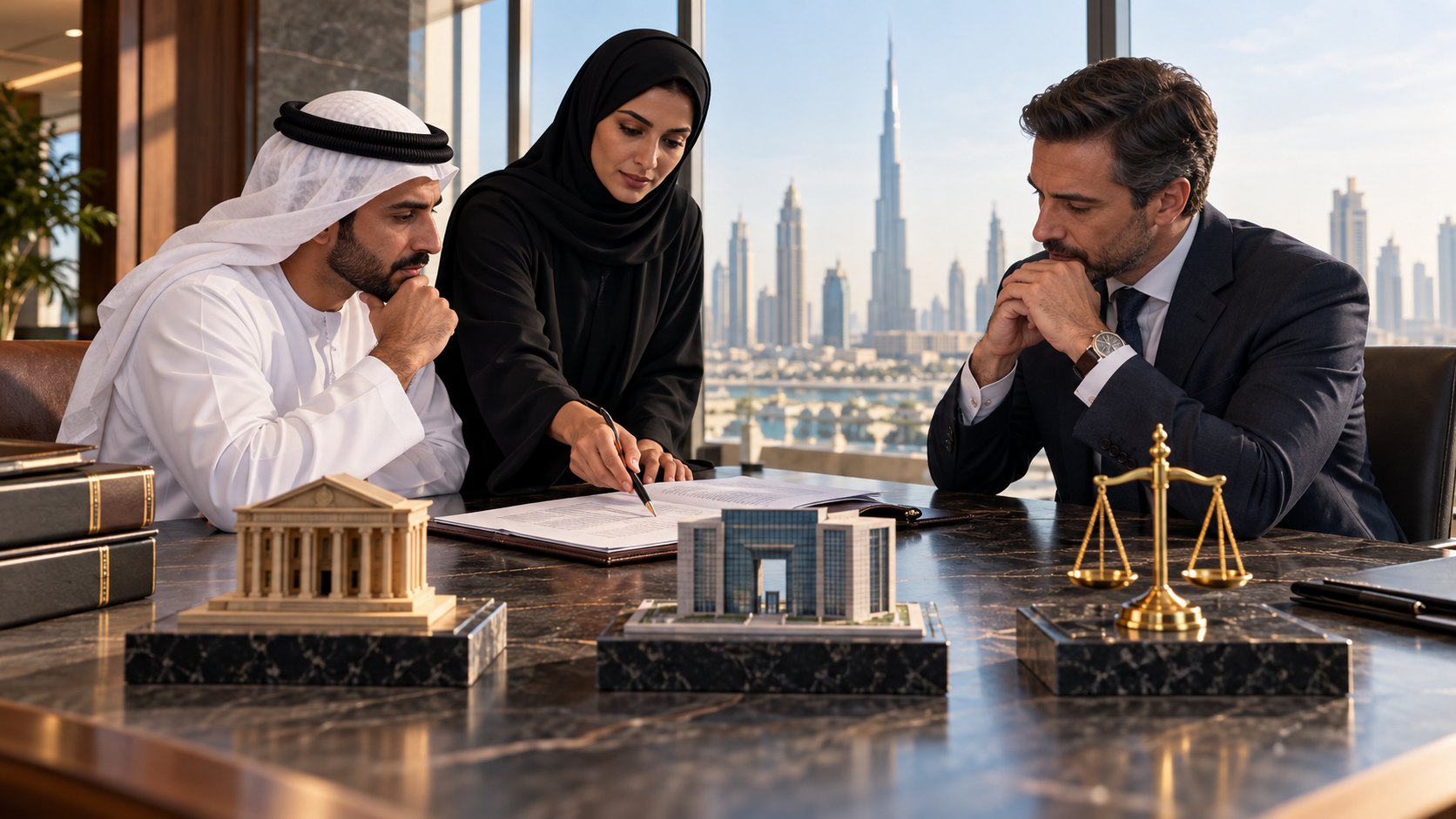 Woman in hijab points into a contract between two seated men, courthouse model and brass scales on plinths
