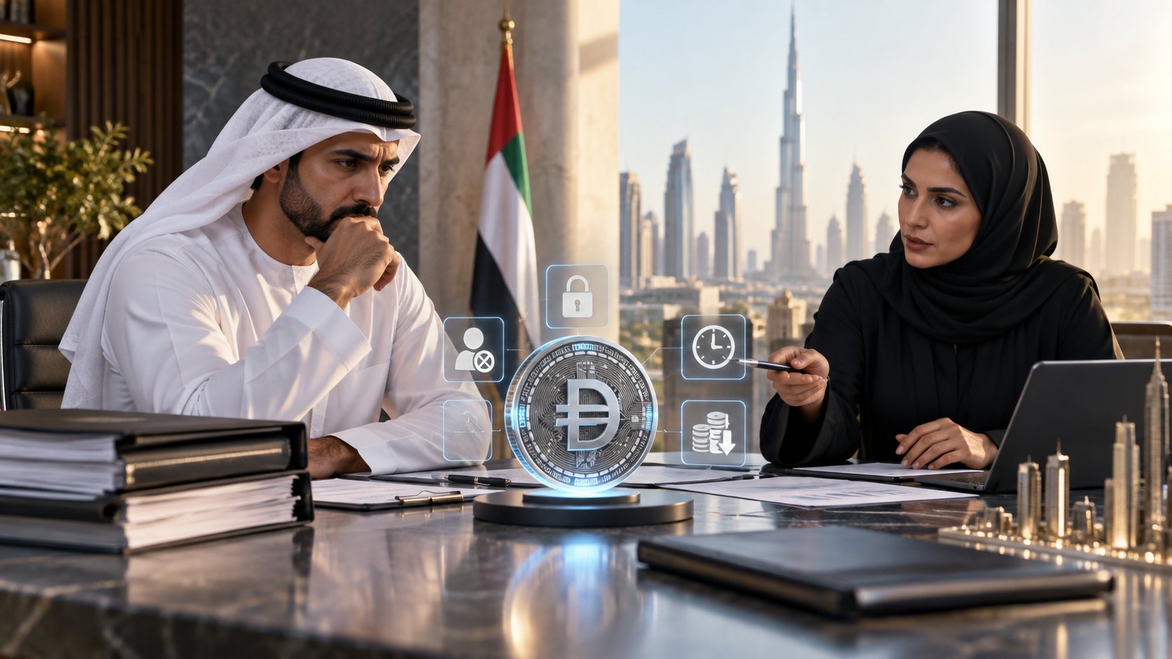 Woman in hijab points a pen at a projected dirham coin ringed by lock and clock icons