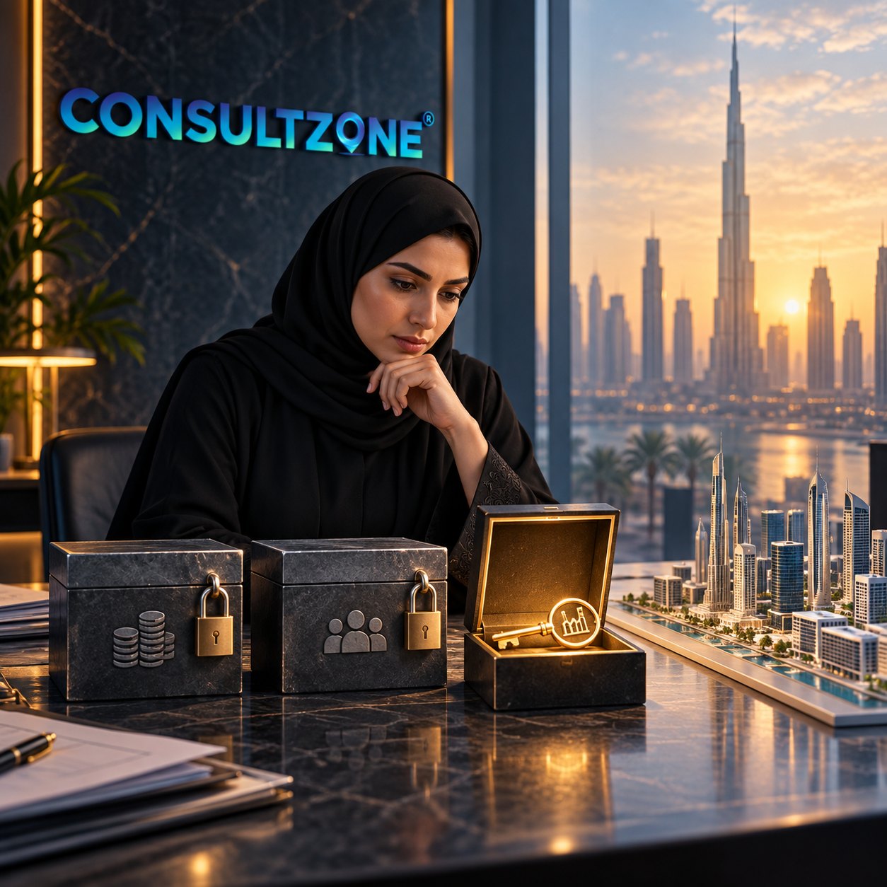 Woman in hijab studies three stone caskets, two padlocked and one open showing a gilded chart emblem