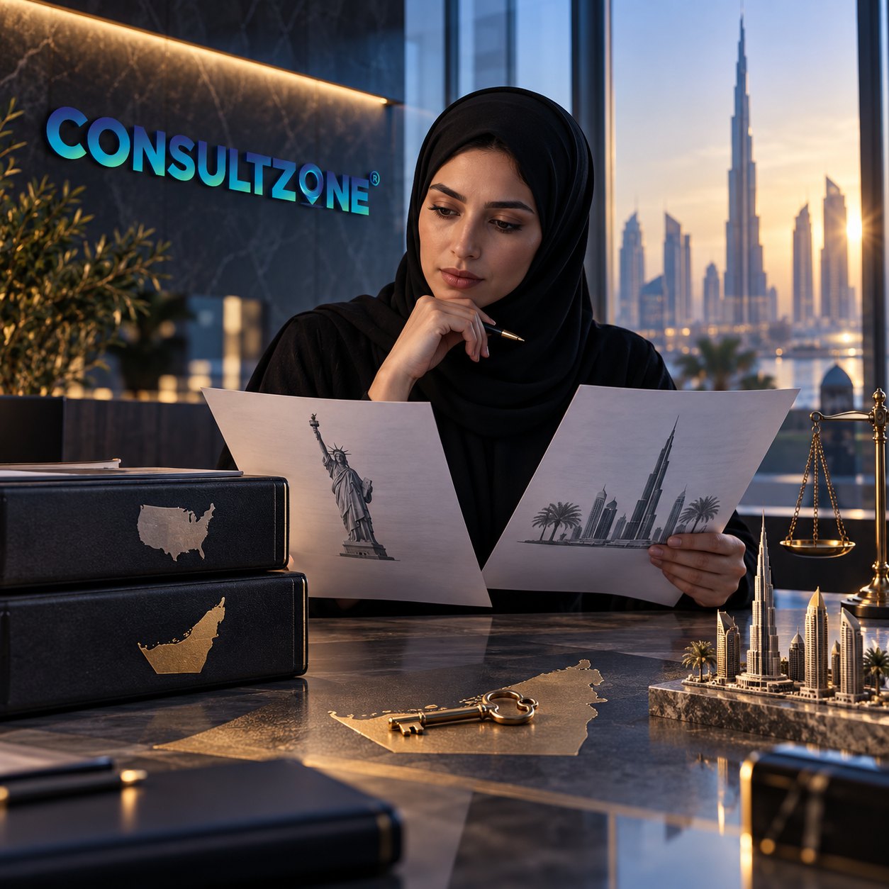 Woman in hijab compares two printed sheets, one showing the Statue of Liberty, one a Dubai skyline