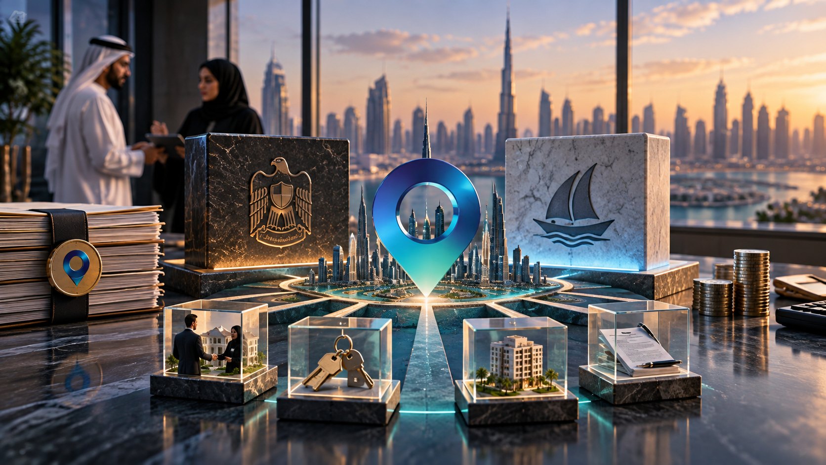 Glass cubes holding a villa, keys and an apartment block ring a lit miniature skyline on marble