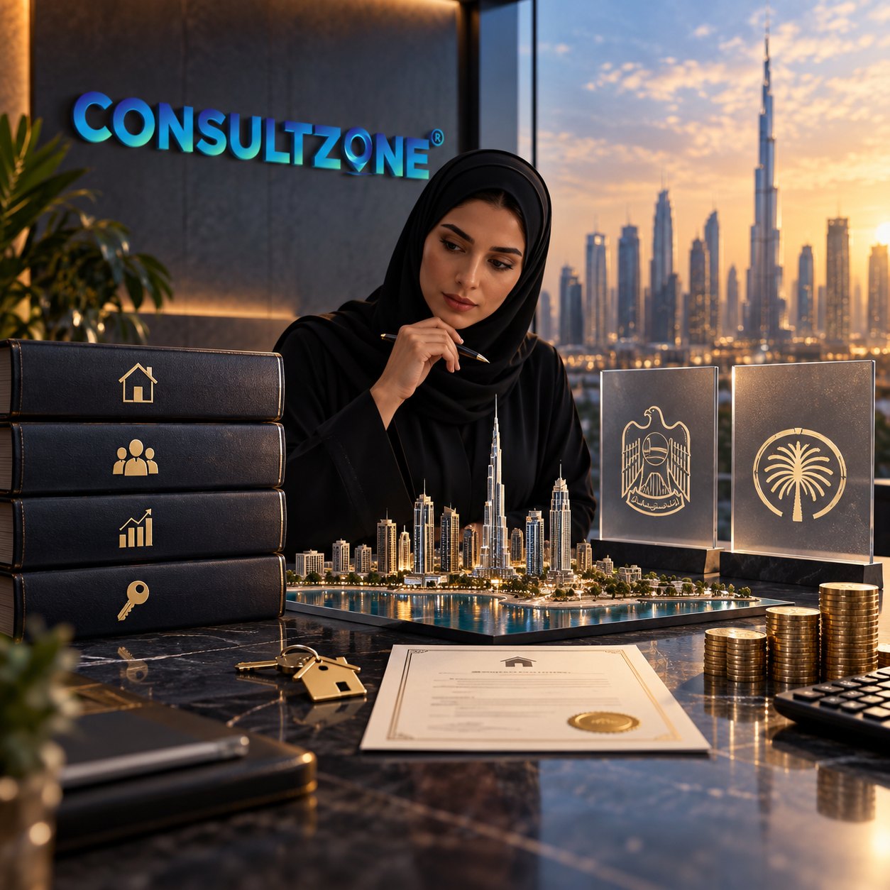 Woman in hijab leans over a gilded model of the Dubai waterfront beside coin stacks and a sealed certificate