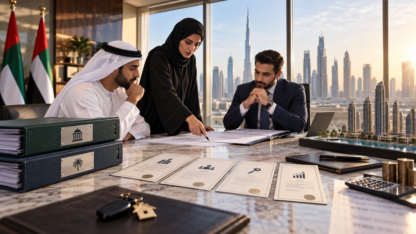 Standing woman in abaya points into a document between two seated men, four sealed certificates laid out