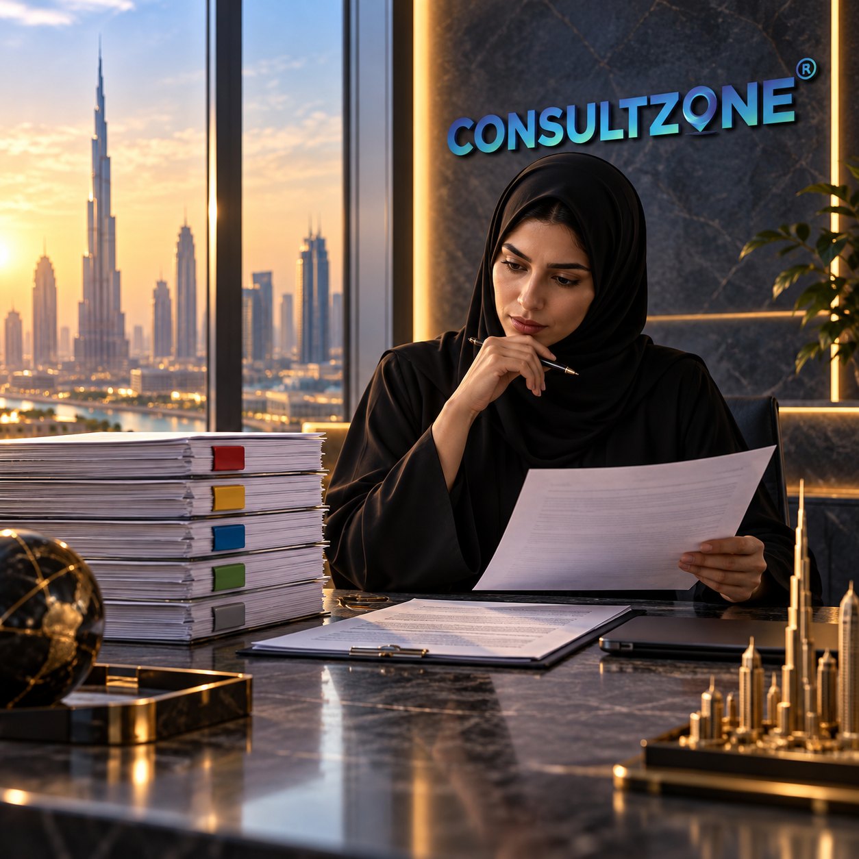 Woman in hijab reads a single page at a desk beside a colour-tabbed document stack and a globe