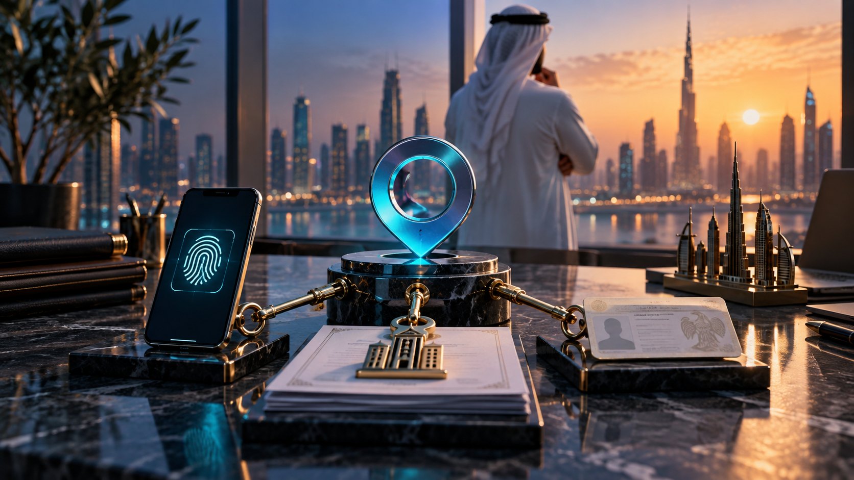 A glowing location pin on a brass mount beside a phone showing a fingerprint and stacked documents