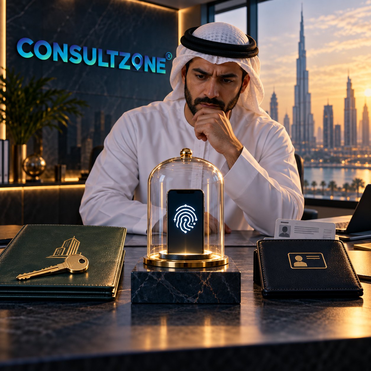 A man in a kandura studies a phone sealed under a glass dome, its screen showing a fingerprint