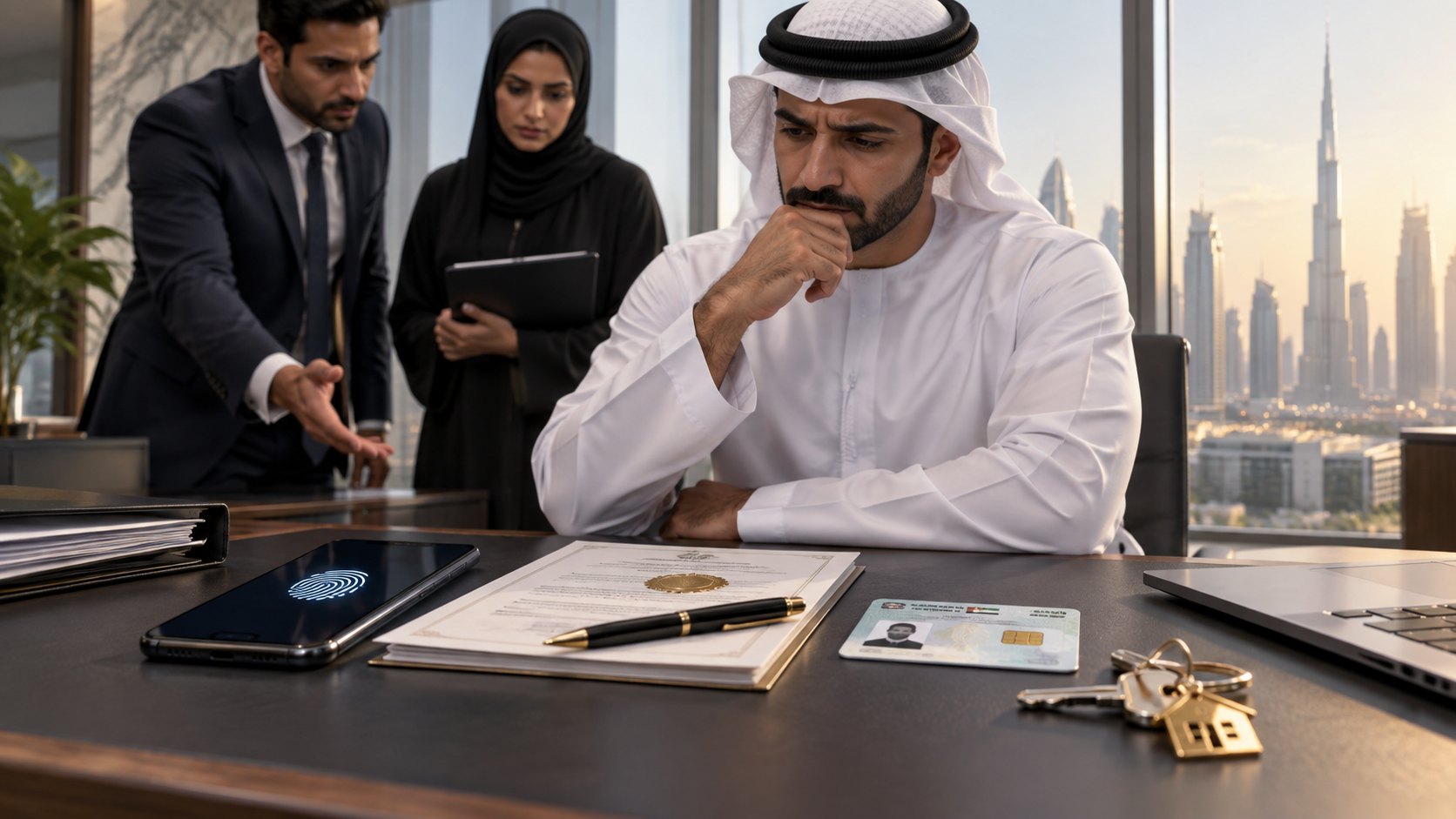 A man in a kandura at a desk with a signed document and ID card, two colleagues conferring behind him