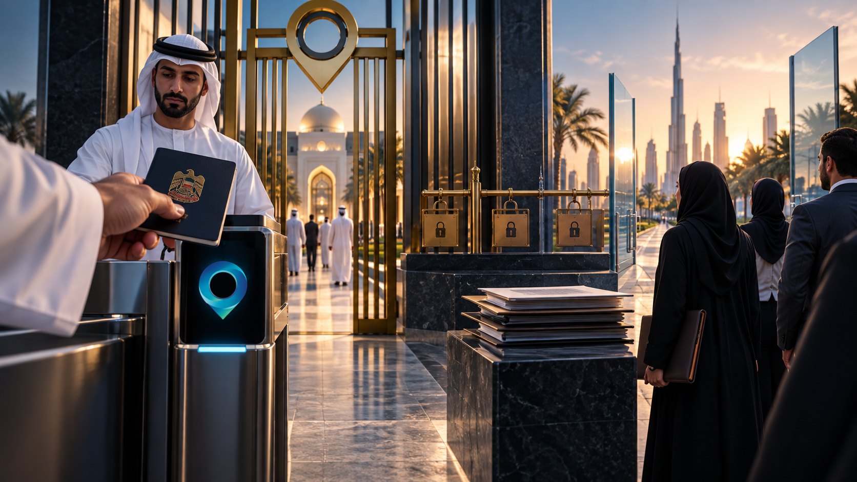 A man in a kandura holds out a passport at a turnstile lit by a glowing location pin