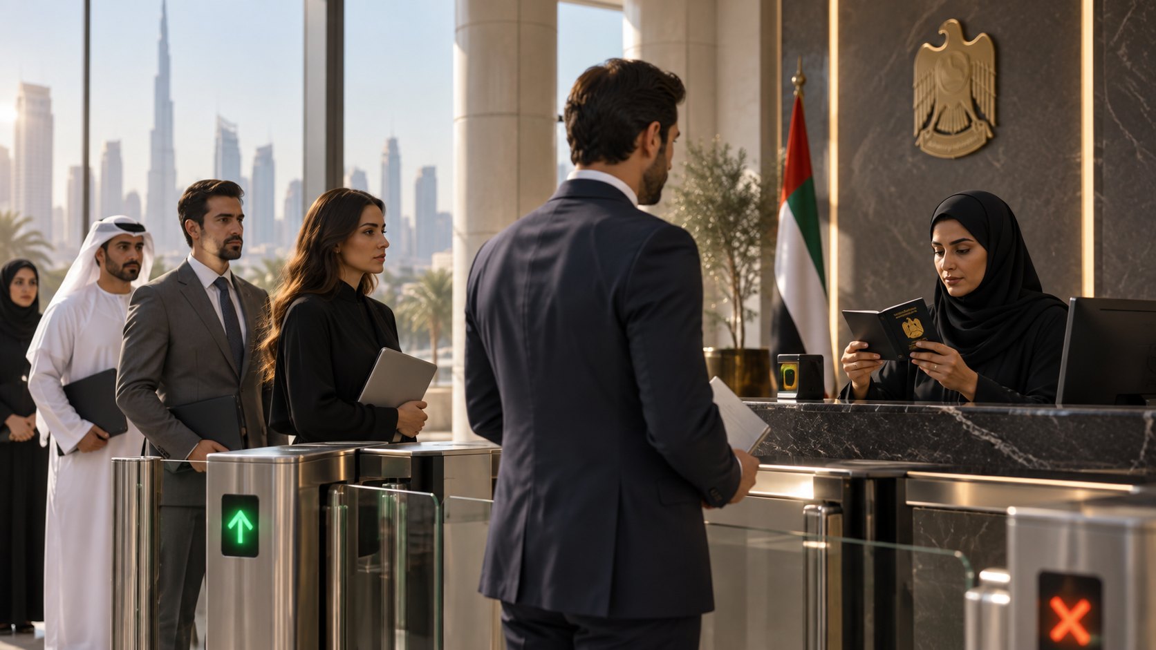 A woman behind a counter checks a passport under the UAE emblem while a queue waits at turnstiles