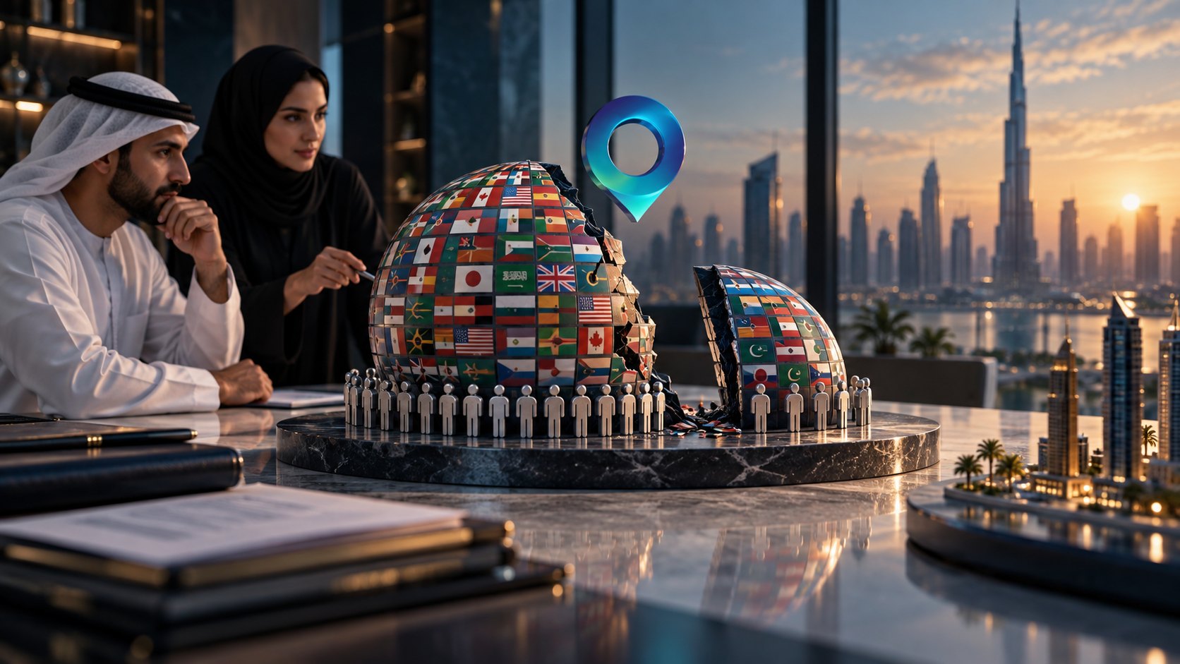 A globe patterned with national flags ringed by small figures, a lit location pin hovering above it