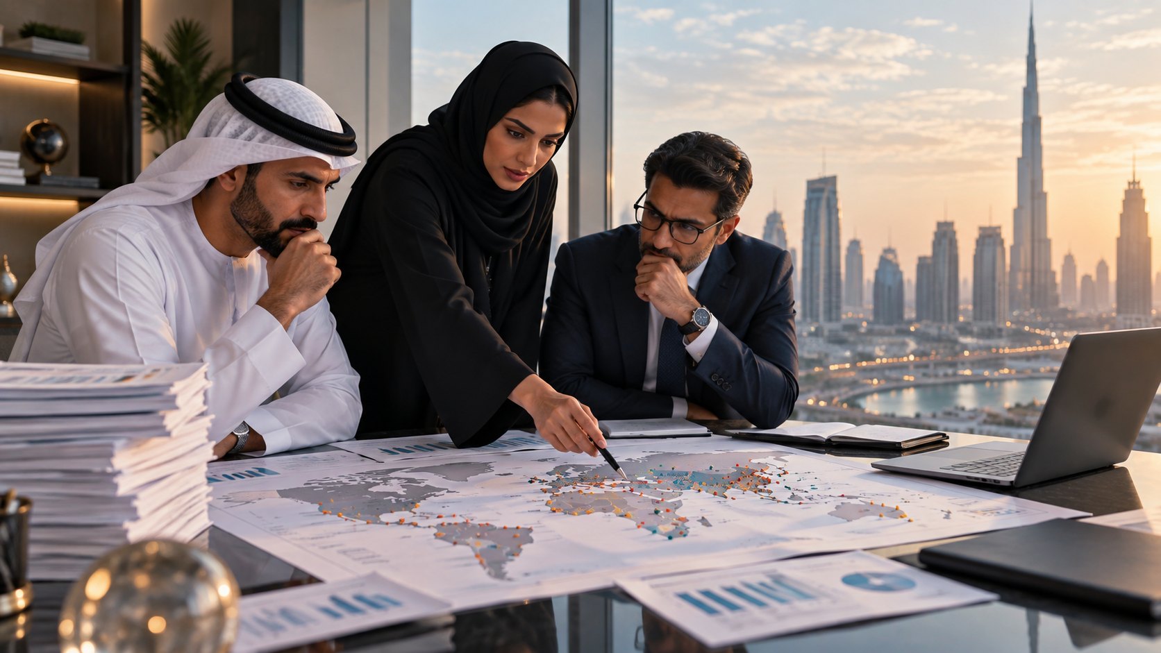 Three colleagues lean over a printed world map, one marking it with a pen, charts spread alongside